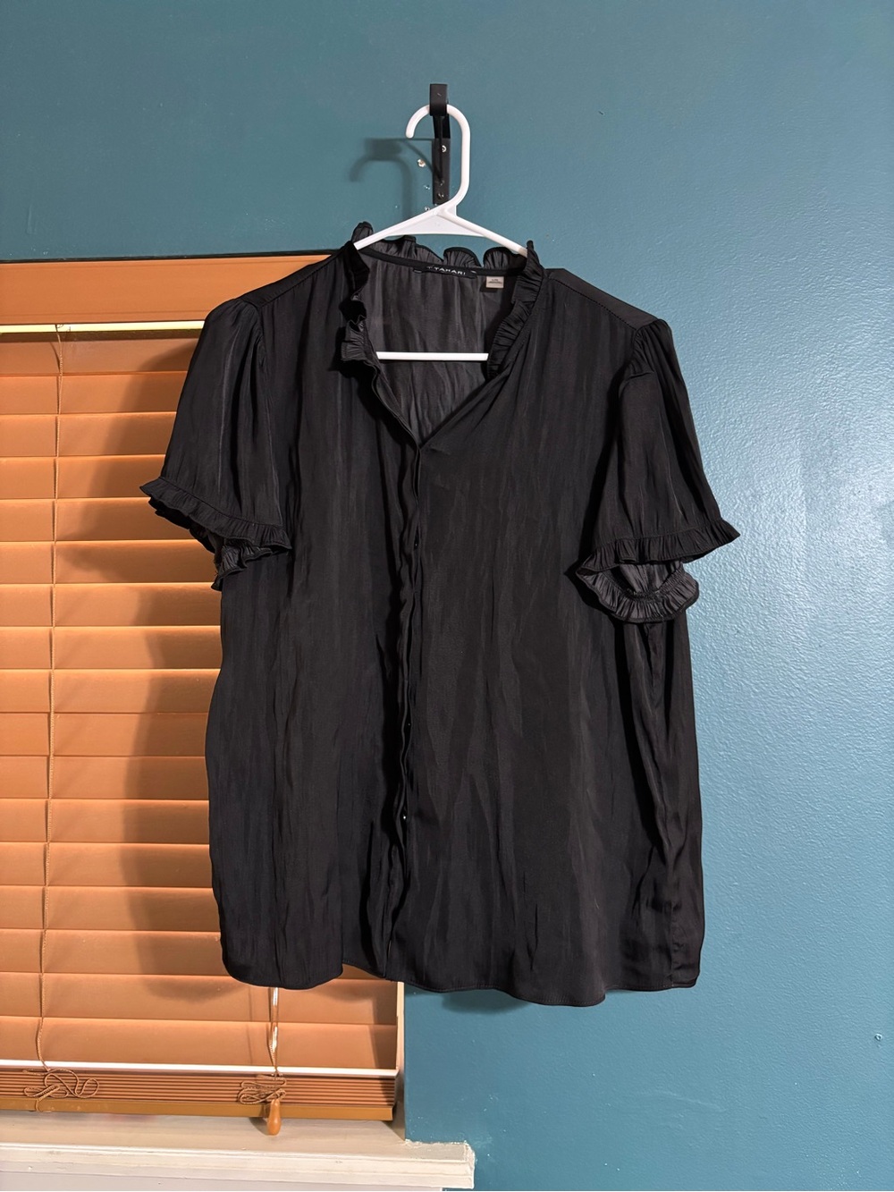 Black Button Down Ruffle Neck Blouse